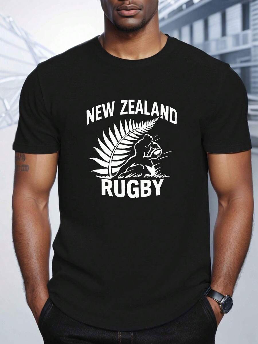 fern CAMISETA de HOMBRE de TALLA GRANDE NEW ZEALAND RUGBY Crinkle, TALLA GRANDE - Negro - Ver 1