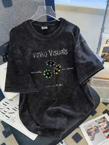 2026 Summer New Women's Casual Loose Round Neck Retro Distressed Graphic Tee, Punk Street Fashion Versatile Washed Short Sleeve T-Shirt - Black - View 1
