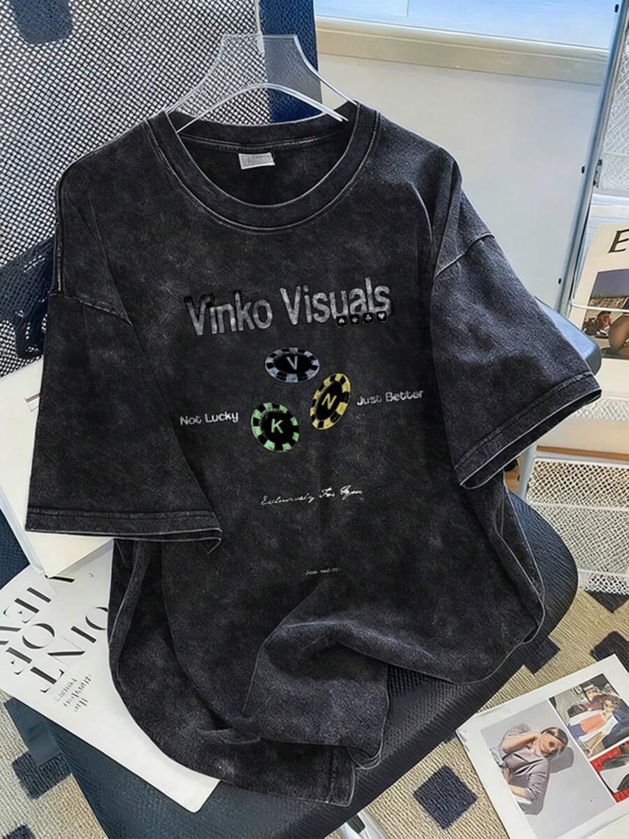 2026 Summer New Women's Casual Loose Round Neck Retro Distressed Graphic Tee, Punk Street Fashion Versatile Washed Short Sleeve T-Shirt - Black - View 1