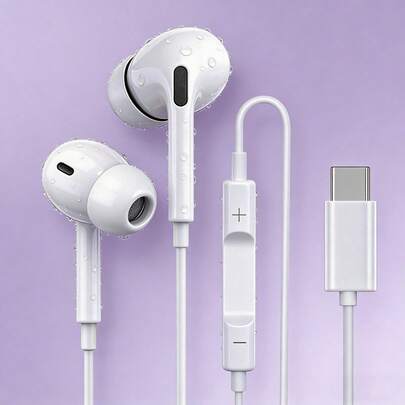 这款有线入耳式耳机采用 Type-C 接口，具备降噪、高保真立体声和低延迟功能。兼容 15 Pro Max 及其他 Type-C/USB-C 设备。是游戏、娱乐和多媒体应用的理想之选。也适用于 16/15/17 Air。入耳式设计，扁平耳罩，兼容三星手机。配备通用控制按钮，通话音质清晰。