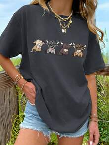 Áo thun thiếu nữ in hình hoạt hình bò Tây Tạng dễ thương, độc quyền cho các bạn nữ tuổi teen, gồm bốn họa tiết bò Tây Tạng đáng yêu, thiết kế dễ thương, chất vải mềm mại và thoải mái, phù hợp cho các hoạt động của các bạn gái, thích hợp cho các buổi đi chơi hàng ngày ở trường vào mùa xuân và mùa hè, phong cách thường ngày cá tính. - Màu xám đen - Xem 1