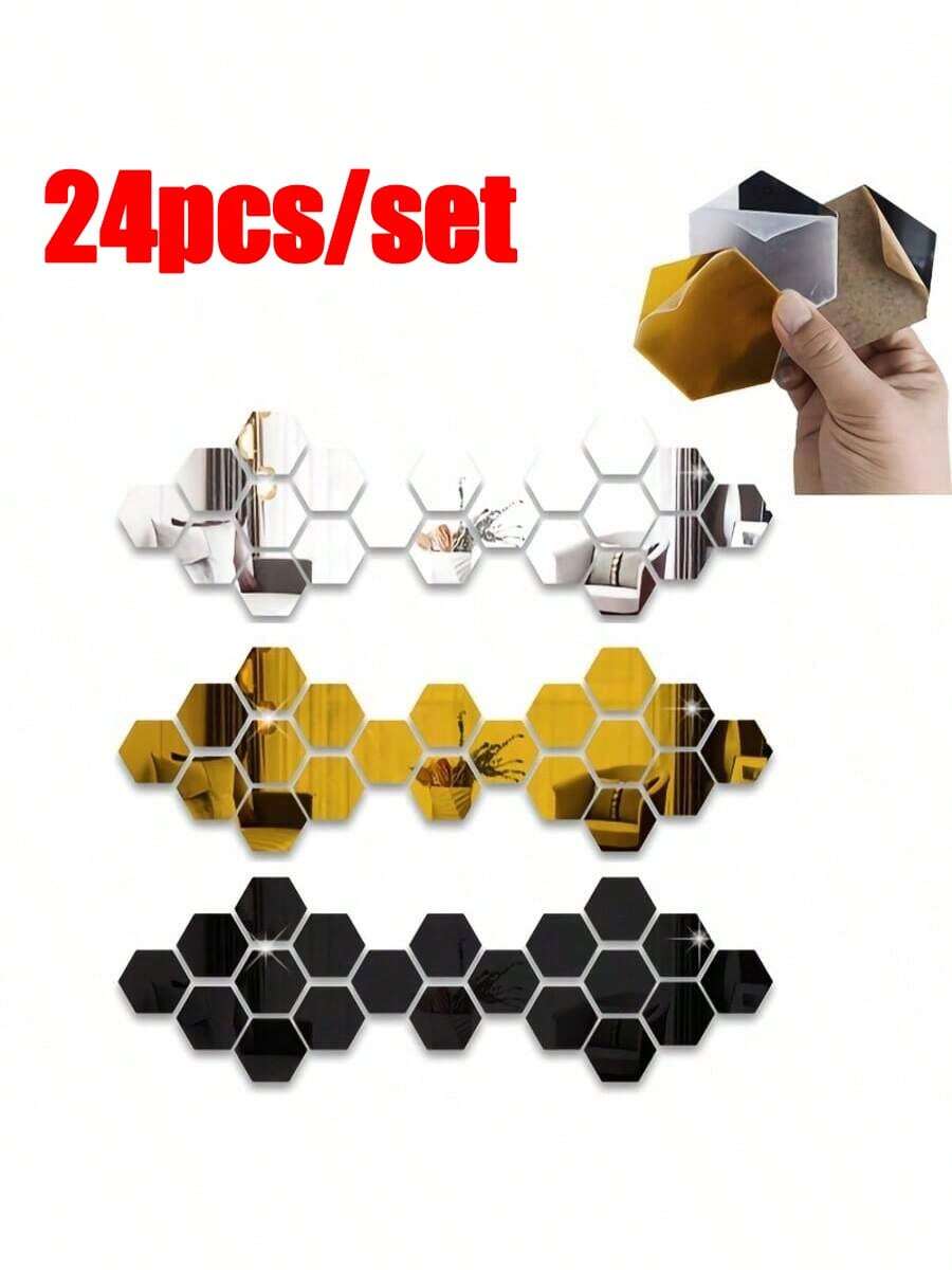 24片装六边形3D亚克力镜面墙贴 - 易撕易贴,黑、白、黄三色可选,适用于客厅、卧室、厨房等场所的DIY装饰 - 现代几何设计,带保护膜,房间装饰点缀 | 六边形镜面墙贴 | 易于安装的墙贴 - 六邊形 - 查看 1
