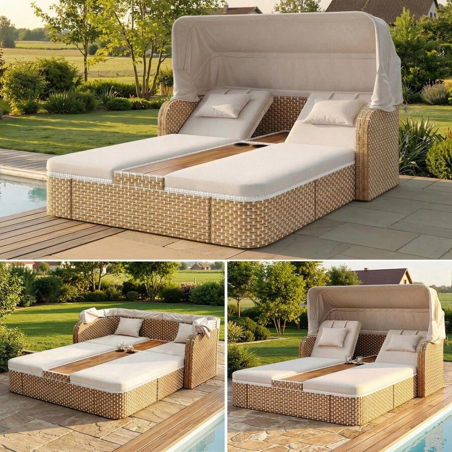 Outdoor Wicker Double Chaise Lounge With Adjustable Canopy 5-Position Reclining Backrests Built-In Cup Holders For Patio And Poolside - Beige - View 1