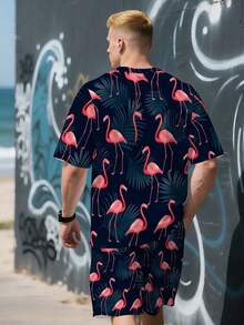 Conjunto de hombre con estampado de flamenco 3D que consta de una camisa de manga corta estampada y pantalones cortos, estilo deportivo casual, ropa de ocio transpirable para exteriores, conjunto de impresión 3D de verano, regalo del Día del Padre, regalo del Día de San Valentín, talla adulta, lavable a máquina, ropa casual de calle. - Colores mixtos - Ver 5