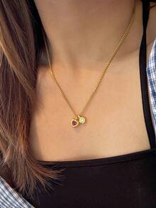 1件纹理链项链，饰有心形和圆形闪亮装饰 - 紅寶愛心閃鑽項鍊 - 查看 4