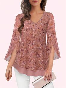CheersLife Conjunto feminino casual e formal, elegante blusa de verão em malha dupla, blusa solta com decote em V e mangas 3/4, ideal para férias. - Coral Rosa - Ver 3