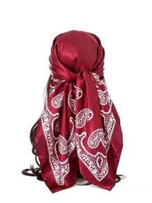 1pc 90*90cm Bohemian Style Printed Satin-Like Square Scarf, New Elegant Printed Ladies Headscarf Shawl, Breathable Versatile, Suitable For Beach, Street, Daily, Vacation, Business Occasions - Burgundy - View 4