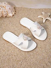 Girls' White Camellia & Pearl Embellished Slide Sandals, Elegant Open Toe Summer Shoes For Kids - White - View 3