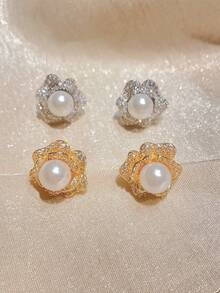 2pcs Copper Inlaid Zirconia Camellia Pearl Earrings, Niche Design Delicate Earrings, Versatile Commuter Elegant Earrings - Fashion Earrings - View 10