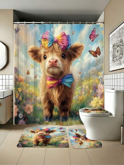 1/3/4PCS Spring/Summer Rainbow Bow Calf Shower Curtain Set; Refreshing, Warm, And Comfortable, Perfect For Home Decor, Bathroom Shower Curtain, And Bathroom Set, Including A Shower Curtain And Floor Mat Combination