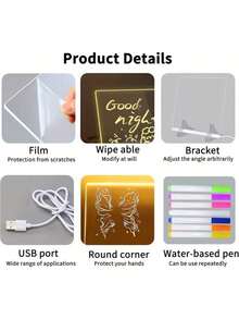 1PC USB LED Acrylic Note Board, Rewritable LED Message Memo Drawing Board, Warm White Light With 7 Color Pens, Scratch-Resistant Adjustable Erasable Drawing Supplies, Creative Birthday Gift & Party Home Office Decoration - View 10