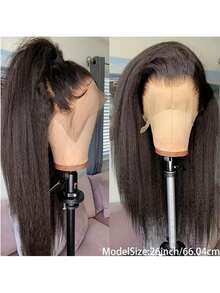 混合假发 - 真人发与合成Yaki直发的混合，带弹性抽绳，告别打结，预剪13x4蕾丝前额，180%密度，即戴即走，3S佩戴，无胶Yaki假发，预先拔毛，预先漂白，隐形结，波波头（8-16英寸） - 自然色&黑色系 - 查看 9