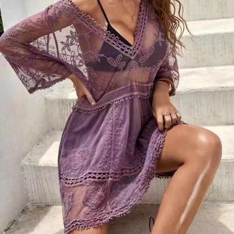 New V-Neck Lace Embroidered Sunscreen Outfit, Sexy Bikini Swimsuit, Beach Cover For Women - 紫色 - 查看 1