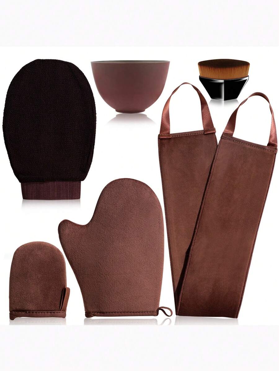 BS-MALL 6-Piece Spring/Summer Self-Tanning Kit, Evenly Applied Multi-Functional Self-Tanning Full Body Set, Lightweight Feel, Various Styles, Seamless Self-Tanning Application, Face, Body & Full Body Tanning Kit With Applicator Mitt, Mask Bowl - Brown - View 1