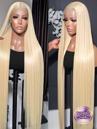 34英寸直发蕾丝前假发，真人混纺发丝，13x4高清透明蕾丝前片，自然#613金色，适合女性日常佩戴，巴西原生发蕾丝前片假发，200%密度，预先拔毛，带婴儿绒毛，自然发际线