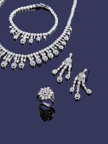 Bộ trang sức tua rua hình bầu dục 5 món sang trọng của Saudi Arabia, đính đá Zirconia, thích hợp cho cô dâu, dự tiệc, lễ phục và các dịp trang trọng. - B0462 - Xem 3
