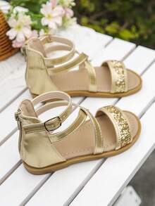 Best Selling Kids Champagne Glitter Ankle Strap Sandals With Zipper & Buckle Closure Open Toe Summer Flat Shoes - Champagne - View 4