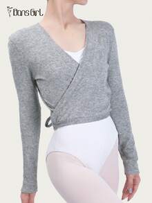 DonsGirl 1 chiếc áo ba lỗ dài tay kiểu Pháp dành cho nữ - Cổ chữ V khoét sâu, màu trơn, kiểu đan chéo | Thích hợp cho tập thể dục, yoga, khiêu vũ Latin và mặc hàng ngày mùa xuân - Xám - Xem 12