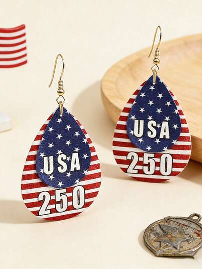 1 Pair Layered National Flag Earrings, Vintage Earrings, 250th Anniversary Memorial Earrings For Women, Leather Earrings, Fashionable Accessories Gift For Girlfriend