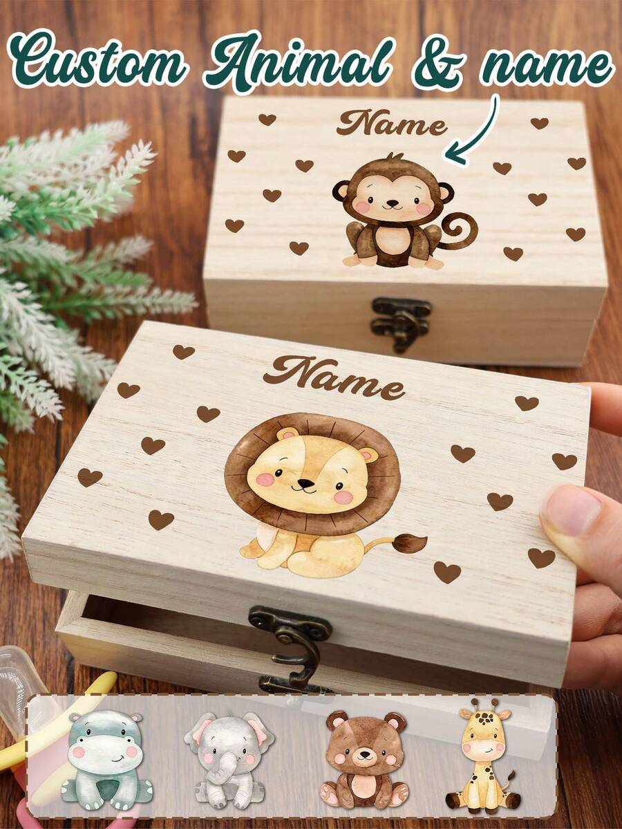 Custom Name Animal Memory Box, Cute Cartoon Style Keepsake Storage Box For Bedroom Shelf Desk Decor And Memory Collection, Personalized Name Keepsake Gift For Birthday Family Surprise, Sweet Home Decoration And Treasure Organizer, Customized Memory Box Gift Idea, Customizable Keepsake Storage Box - Style C - View 1