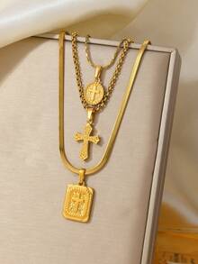 3pcs Stainless Steel Gold-Tone Pendant Necklace Set With Cross Element, Fashionable Design Suitable For Women's Daily Wear, Festivals, Engagement, Wedding Gifts - Gold - View 2