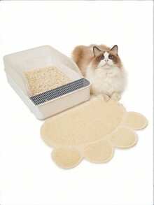 1pc PVC Anti-Slip Pet Cat Litter Mat, Paw Print Design, Dual Use As Litter Box Mat & Feeding Mat - Multicolor - View 1