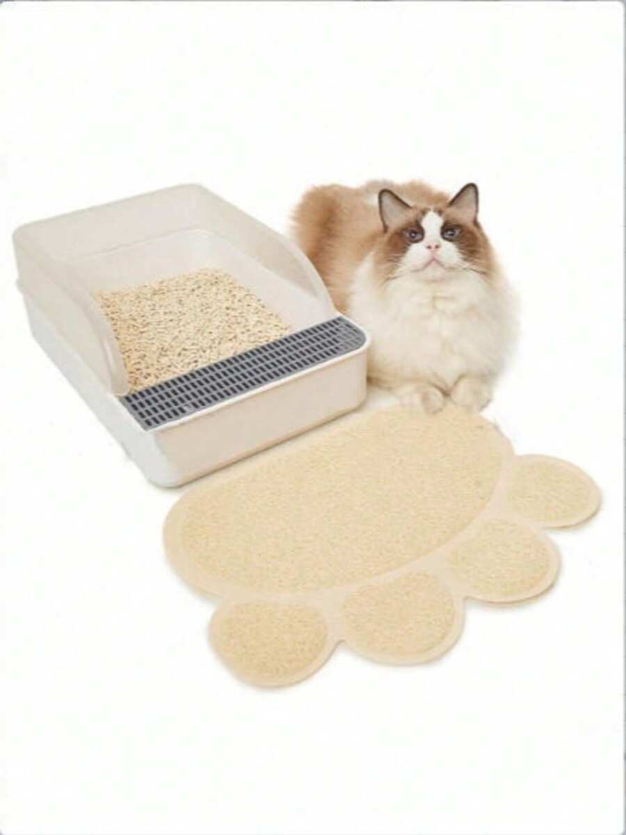 1pc PVC Anti-Slip Pet Cat Litter Mat, Paw Print Design, Dual Use As Litter Box Mat & Feeding Mat - Multicolor - View 1