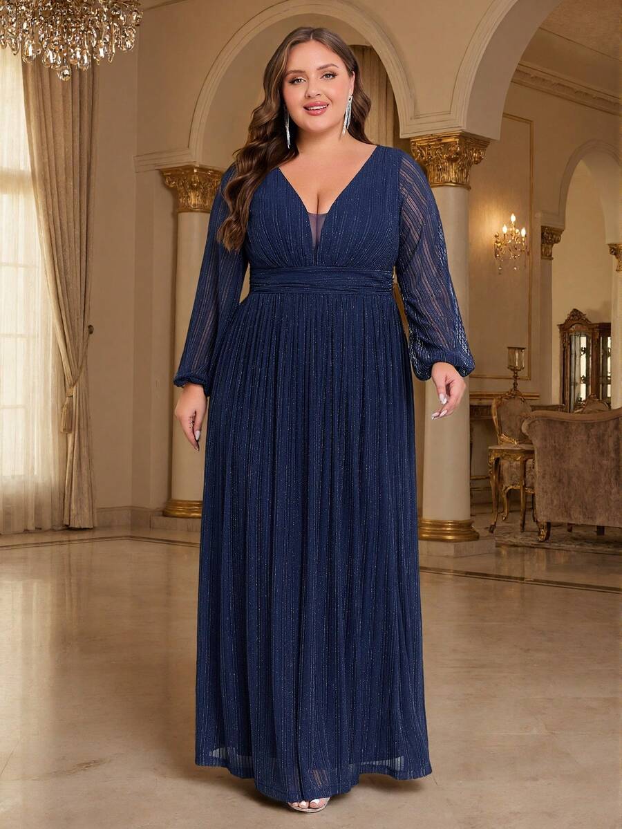 加大码藏蓝色深V领灯笼袖正式礼服，优雅派对礼服，正式舞会，婚礼宾客，适合毕业晚会、婚礼等场合