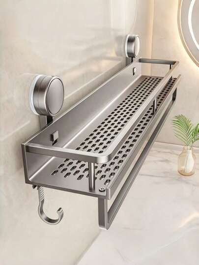 1个防锈壁挂式淋浴置物架，带吸盘 - 重型悬浮式淋浴收纳架，带毛巾挂钩，节省空间的浴室储物架，可放置洗发水、香皂和配件