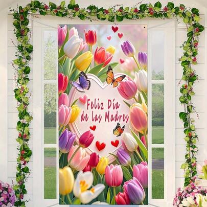 1 Bandera de Día de la Madre en español, Cortina con patrones de flores rosas y mariposas - Decoración colgante para puerta Feliz Día de la Madre, Adecuado para material de tela de fiesta, Decoración de puerta de primavera, Con 4 agujeros y cuerdas de instalación, Diseño en 2D plano en varios estilos y tamaños.