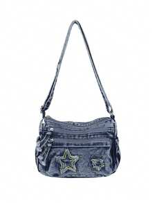 水洗牛仔布多拉链单肩包，复古时尚百搭斜挎包，轻便休闲星形图案女士手提包 - 彩色 - 查看 3