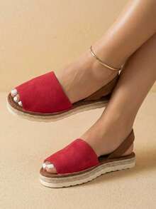 Women's Peep-Toe Backstrap Sandals, Summer Vacation Style Red Suede Rope Sole Thick Bottom Sandals, Beach Holiday & Daily Wear Sandals - Red - View 4
