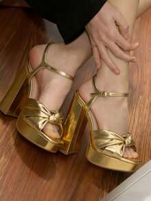 Elegant Platform Sandals For Women Summer Gold Sandals Twist Front Chunky Heel Ankle Strap Heels Detail Prom Heels Zapatos De Mujer Elegantes - 金色 - 查看 4