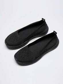 女士透气平底圆头套脚乐福鞋，系带轻便舒适软底低帮休闲运动鞋，春夏款 - 黑色 - 查看 4