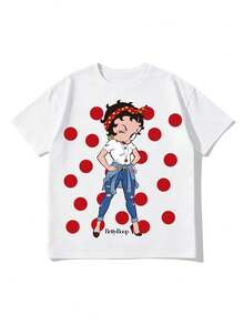 SHEIN X Betty Boop Women's Round Neck Cartoon Letter Print Casual Versatile Daily Wear Short Sleeve T-Shirt - White - View 3