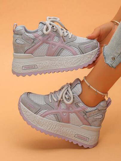 女士厚底坡跟运动鞋，撞色休闲运动风系带网眼拼接时尚百搭厚底增高鞋