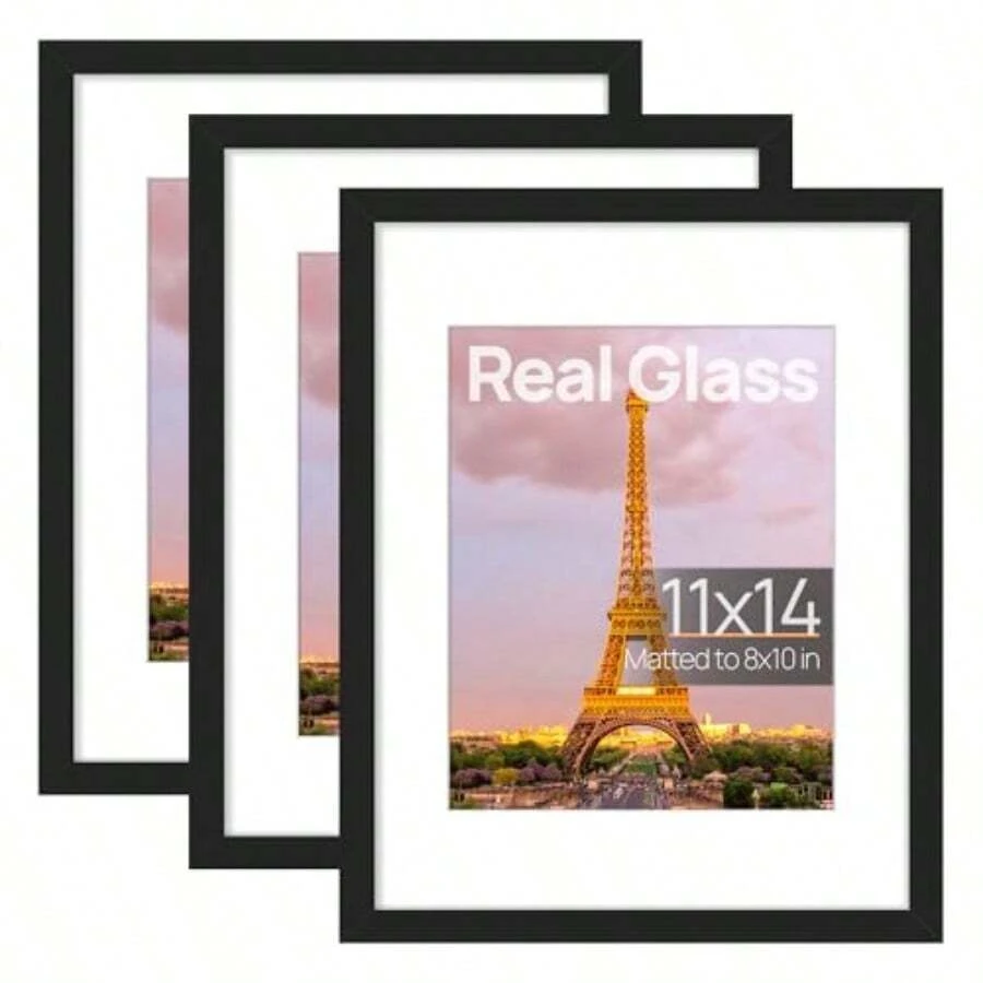 11x14 Picture Frame Set Of 3 Made Of High Definition Glass For 8x10 With Mat Or 11x14 Without Mat Wall And Tabletop Display Photo Frames Black - Black - View 1
