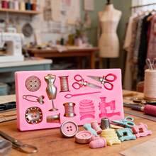 1件仿真粉色缝纫工具硅胶模具，剪刀纽扣，缝纫设计师服装模具，缝纫机模具，手工粘土和树脂滴胶，易于脱模，可重复使用的硅胶模具。 - 粉紅色-縫紉工具 - 查看 5