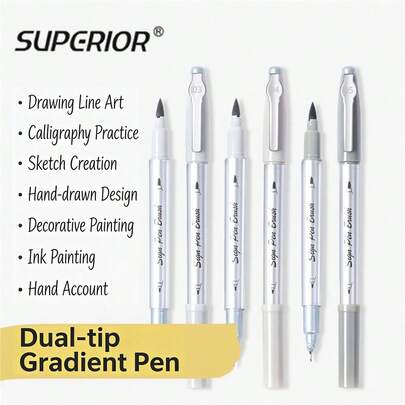 高级专业灰色双头防水软头美术马克笔 - 灰色系列丙烯马克笔，专为艺术家设计，出墨量大，笔尖灵活，适用于素描、绘画、书法、漫画设计、艺术学生、勾线和制图 - 水性颜料，防晕染