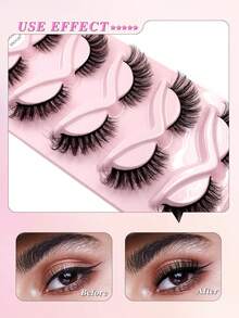 ENCHUW 5 pares de pestañas postizas de ojo de gato, pestañas falsas de visón 3D rizadas y esponjosas, aspecto natural y dramático, con extremos desordenados, banda suave de estilo de dibujos animados - Negro - Ver 4