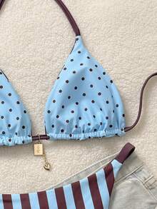女士比基尼两件套，挂脖系带，露背设计，可爱性感双面印花金属装饰，适合海滩度假夏季泳装 - 藍色 - 查看 11