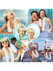 Bộ 4 món vòng hoa Hawaii, vòng cổ và vòng tay hoa Hawaii màu trắng, thích hợp cho tiệc sinh nhật, ngày lễ. - Xem 6