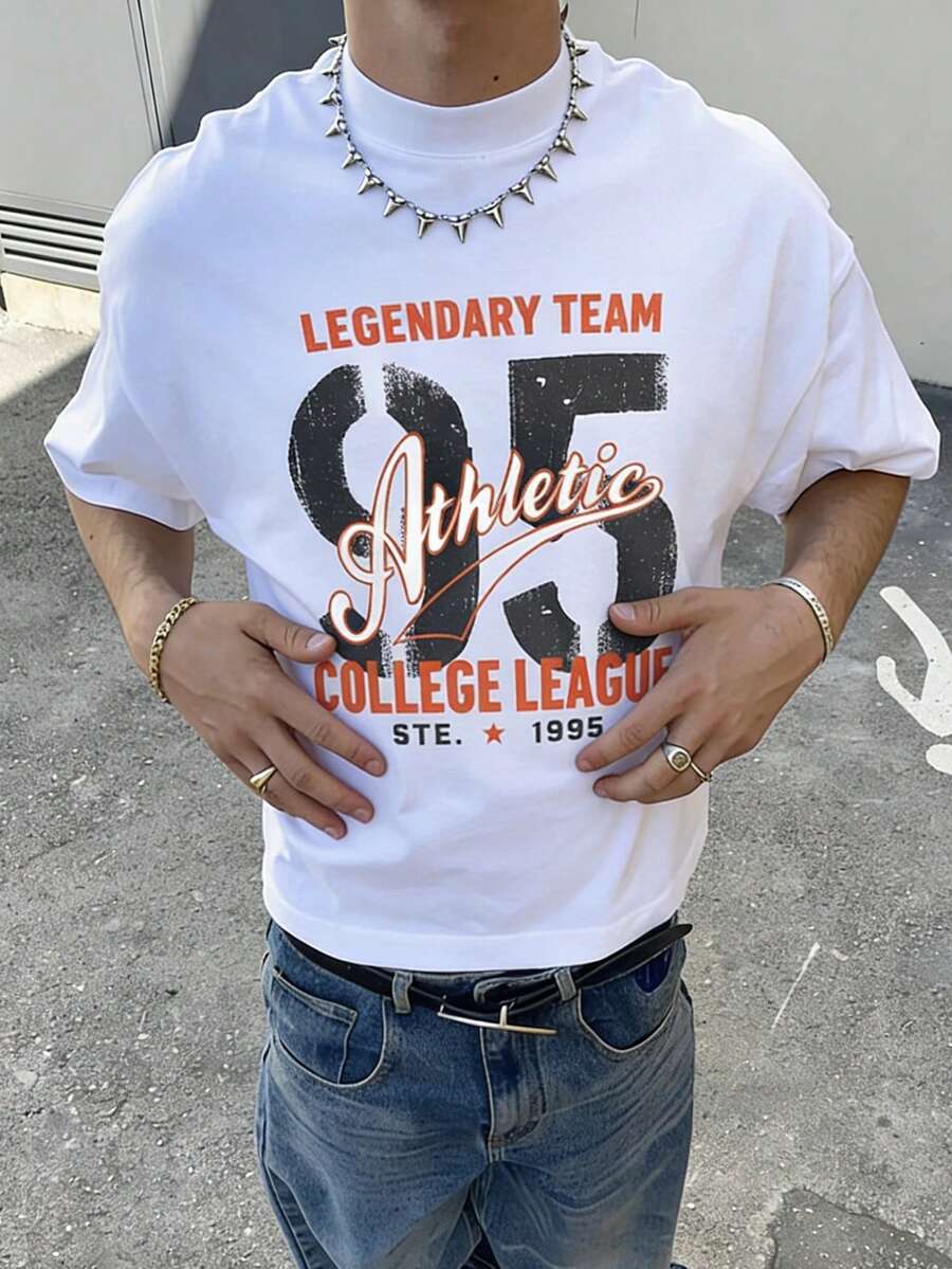 FRACTYR 男士图案T恤，休闲街头风宽松圆领T恤，夏季款 - 白色 - 查看 1