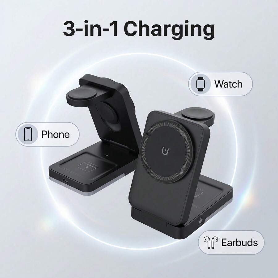 3-In-1 Foldable Magnetic Wireless Charger, Compatible With IPhone 17/16/15/14/13 Pro Max, S9/Ultra, 3/Pro, Simultaneous Fast Charging, Desktop Stand - White - View 1