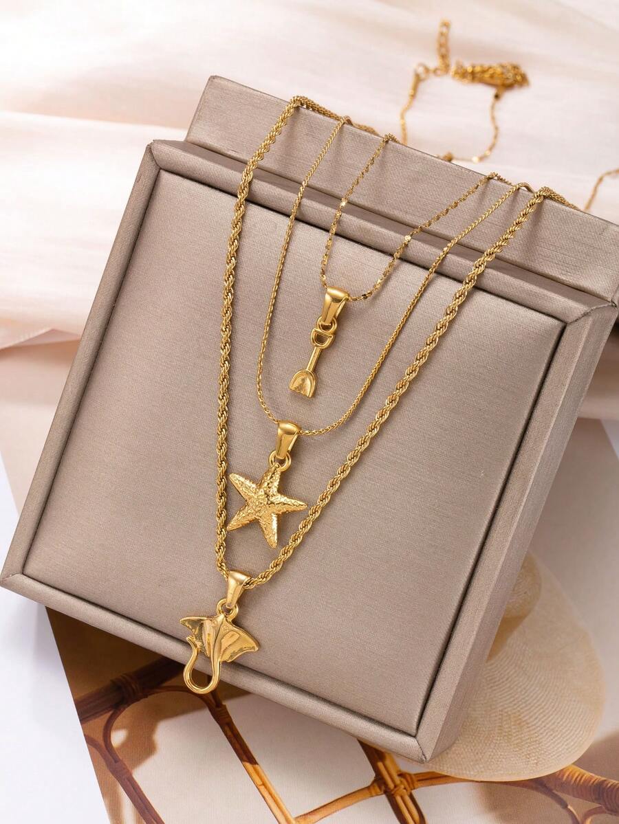 3件套18K镀金不锈钢海洋度假风叠戴项链套装，海星和鱼尾吊坠，简约颈链，适合日常佩戴 - 彩色 - 查看 1