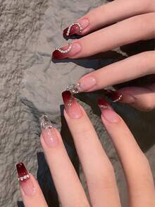 24pcs Long Coffin-Shaped Gradient Pink Heart Chain Nail Stickers, Includes Double-Sided Jelly Glue Sheet And Nail File - Multicolor - View 2