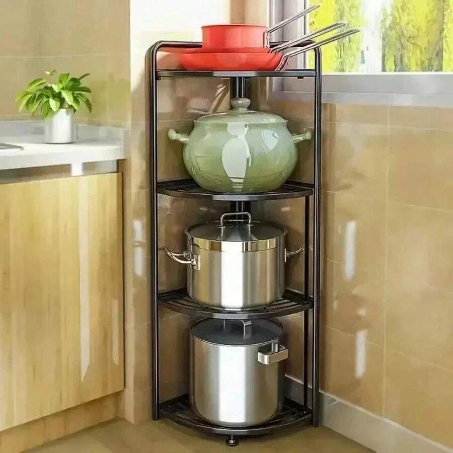 Foldable Black Metal Collapsible Floor-Standing Corner Shelf Rack Unit - View 1
