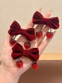 4pcs Vintage Velvet Bow & Cherry Hair Clips, Cute Side Bangs Clips For Girls - Multicolor - View 2
