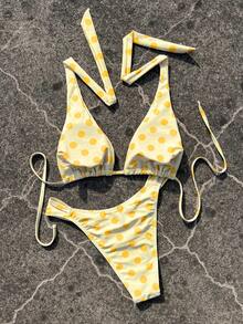 Bộ bikini tam giác buộc dây cổ màu vàng nhạt chấm bi tươi tắn dành cho nữ, kiểu dáng tối giản với quần lọt khe cạp thấp, phong cách trẻ trung và ngọt ngào, lý tưởng cho kỳ nghỉ biển. - Nhiều màu - Xem 3