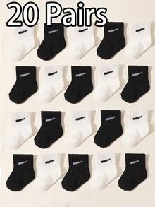 Bộ 10/20 đôi tất dài đến bắp chân, màu kẹo ngọt, co giãn, thích hợp cho trẻ nhỏ, mùa hè. - Đen và trắng - Xem 11